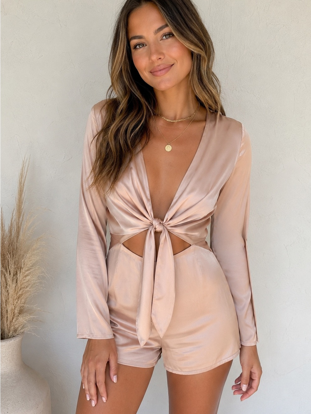 Cotton Candy LA Champagne Satin Tie-Front Romper – Size Medium